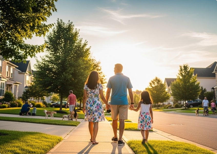 family of 3 walking down a sidewalk of a neighborhood with other families seen in the background