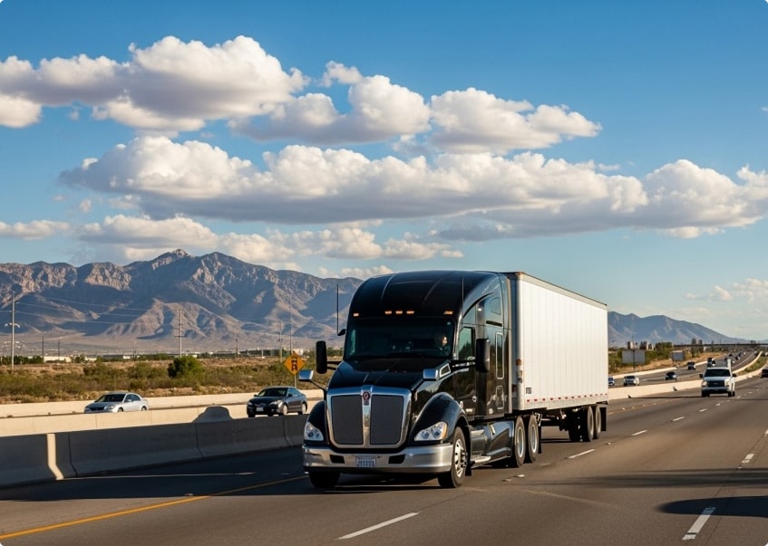 18-wheeler driving down a road